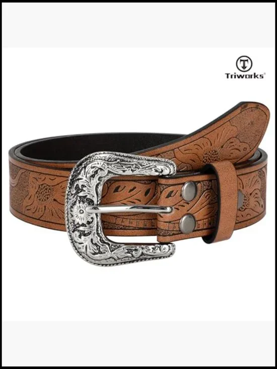 Vintage Western Belt Adjustable Floral Buckle PU Leather Cowboy Cowgirl Style - Picture 6 of 7